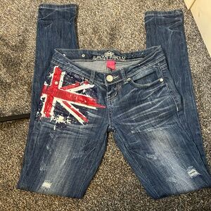 Vintage Almost Famous Women's Distressed Blue Jeans with Flag Design Punk Y2K
